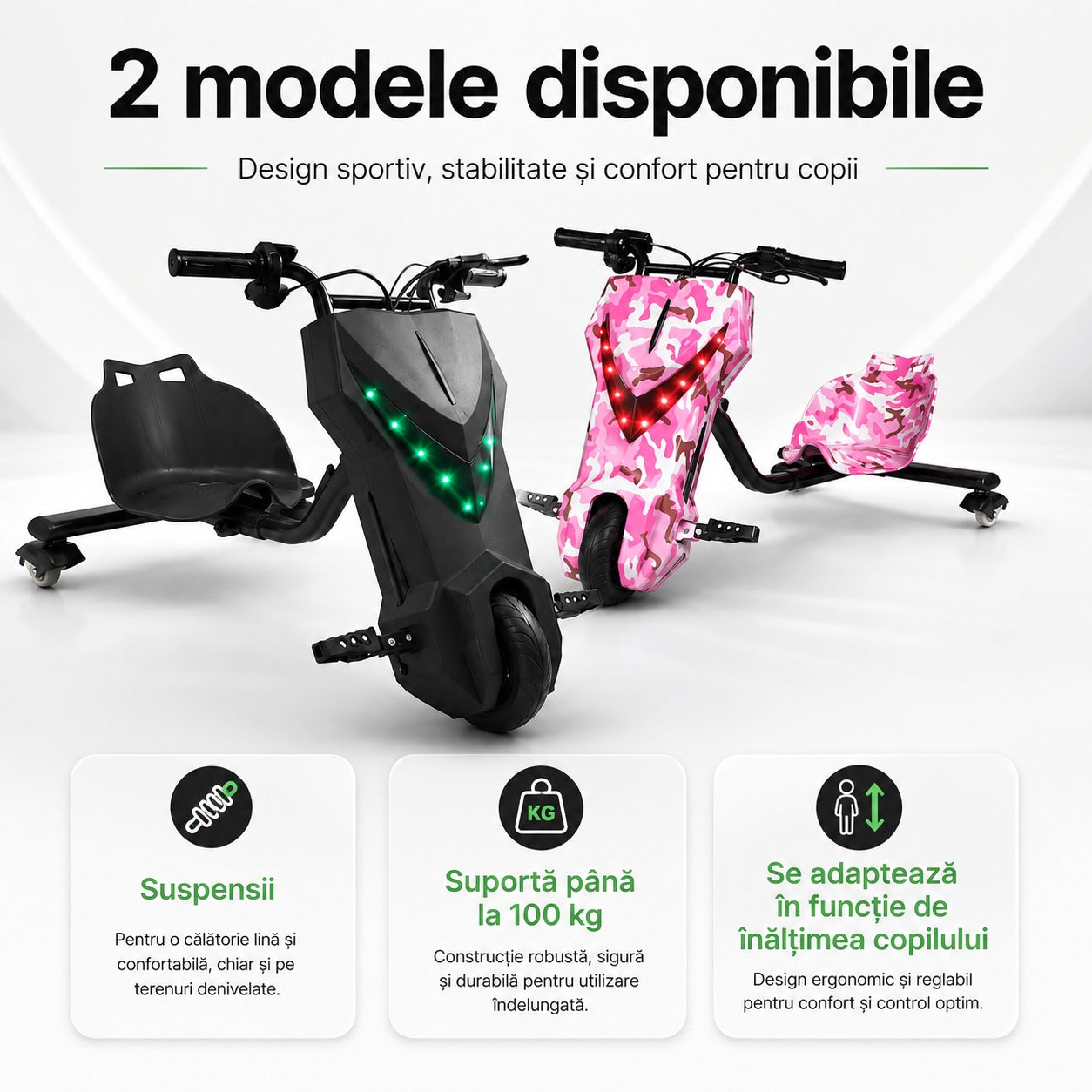 Tricicletă Electrică Copii Hello Kitty cu Drift 360° – 150W, 36V, Bluetooth + Difuzor, Lumini LED, 20 km/h ZanaCasei.Ro