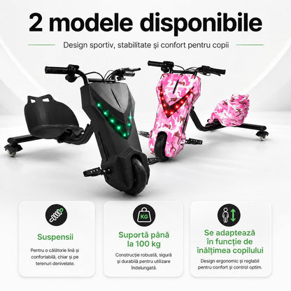 Tricicletă Electrică Copii Hello Kitty cu Drift 360° – 150W, 36V, Bluetooth + Difuzor, Lumini LED, 20 km/h ZanaCasei.Ro