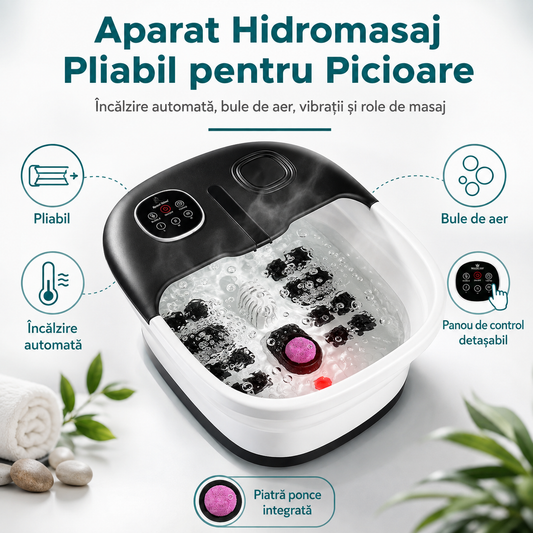 Aparat Hidromasaj Pliabil pentru Picioare, Încălzire Automată, Bule de Aer, Vibrații și Role de Masaj, Panou de Control Detașabil, Piatră Ponce, Negru ZanaCasei.Ro