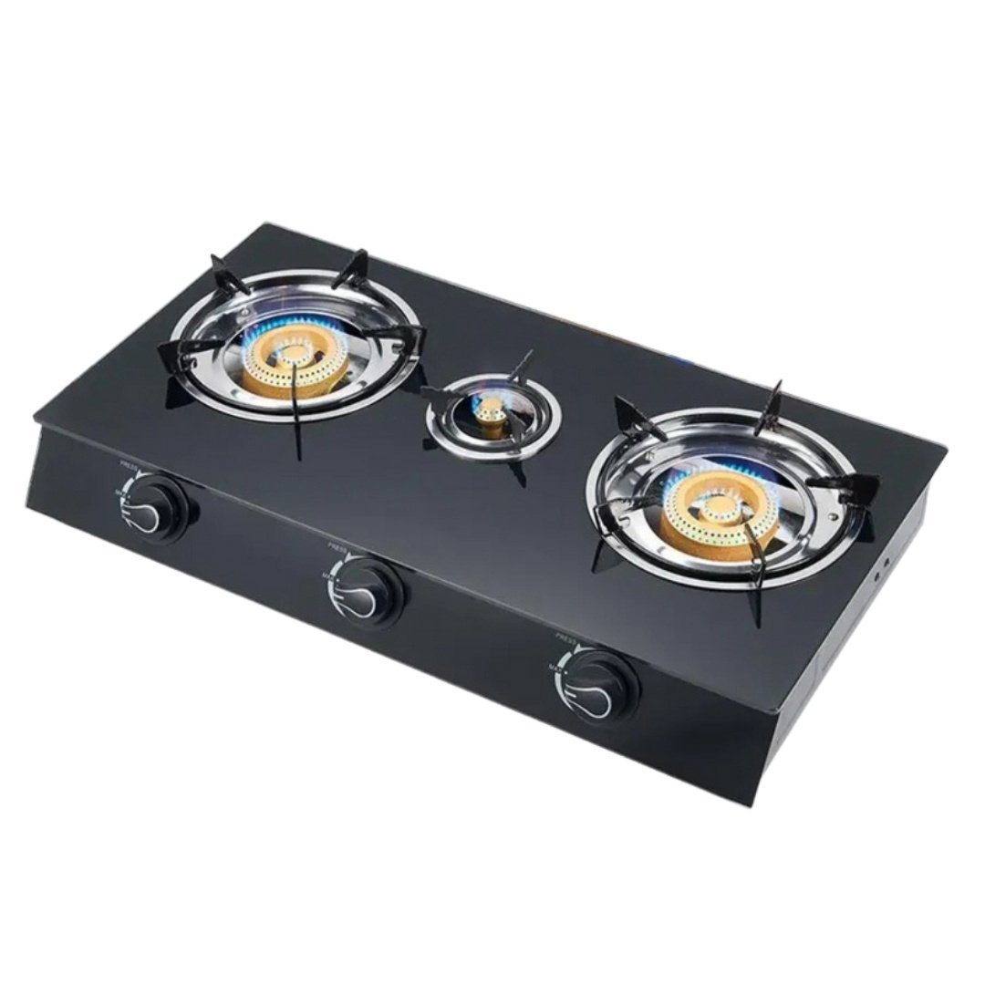 Aragaz cu plită din sticlă, 3 ochiuri, alimentare GPL (butelie), aprindere quartz – Design modern ZanaCasei.Ro