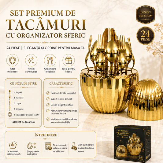 Set Premium de Tacâmuri Zâna Casei cu Organizator Sferic, 24 Piese, Oțel Inoxidabil, Finisaj Auriu Lucios, 6 Linguri, 6 Furculițe, 6 Cuțite și 6 Lingurițe ZanaCasei.Ro