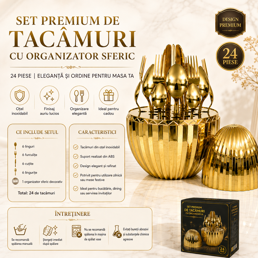 Set Premium de Tacâmuri Zâna Casei cu Organizator Sferic, 24 Piese, Oțel Inoxidabil, Finisaj Auriu Lucios, 6 Linguri, 6 Furculițe, 6 Cuțite și 6 Lingurițe
