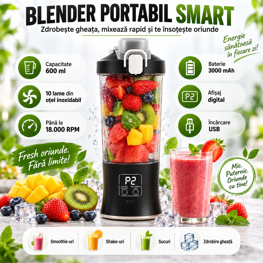 Blender Profesional Portabil cu Funcție de Zdrobire a Gheții și Afișaj Digital – 600 ml, 10 Lame Inox, 18.000 RPM