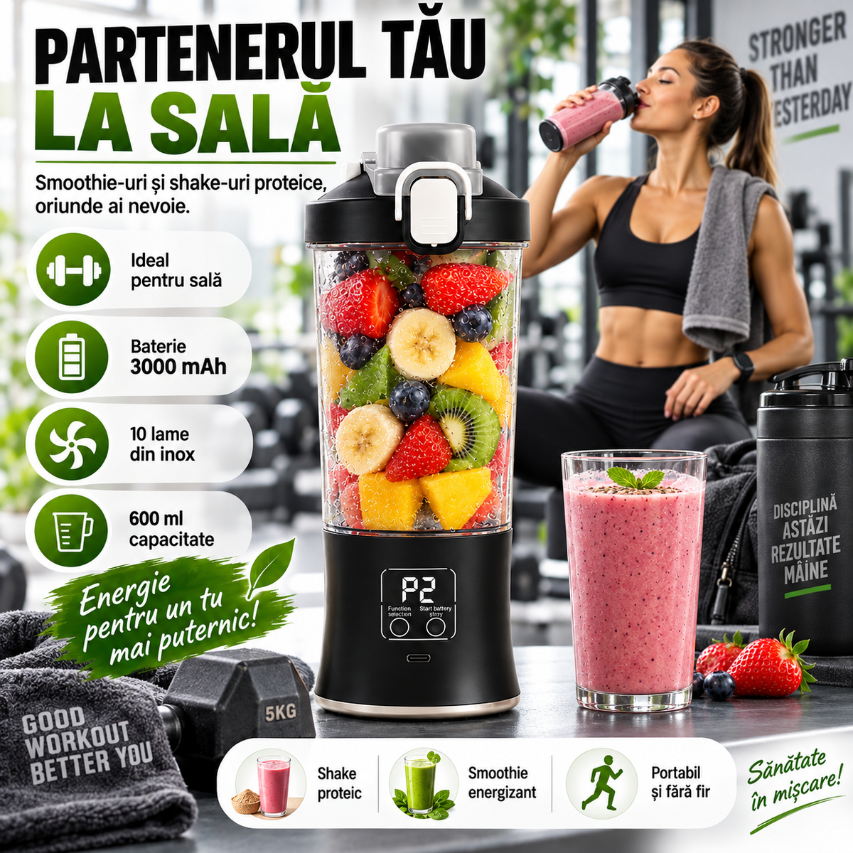 Blender Profesional Portabil cu Funcție de Zdrobire a Gheții și Afișaj Digital – 600 ml, 10 Lame Inox, 18.000 RPM — partenerul tău la sală