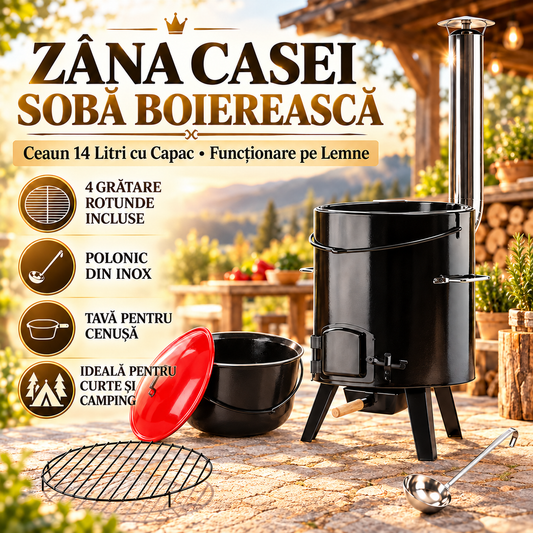 Sobă Boierească Zâna Casei – set complet: ceaun 14 L cu capac, 4 grătare, polonic inox, coș de fum