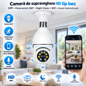 Cameră de Supraveghere WiFi Tip Bec – Full HD 1080P, Panoramică 360°, Night Vision, Audio Bidirecțional