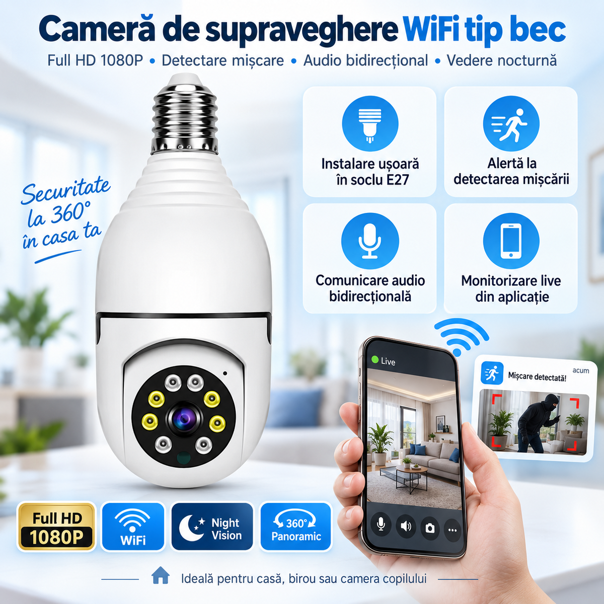 Cameră de Supraveghere WiFi Tip Bec – Full HD 1080P, Panoramică 360°, Night Vision, Audio Bidirecțional — monitorizare live din aplicație