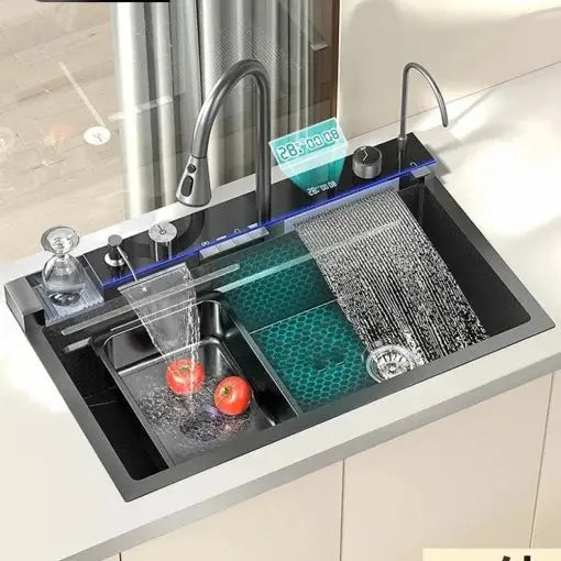 Chiuvetă de bucătărie multifuncțională otel inoxidabil, afisaj digital temperatura apa, robinet cascada, 75 X 46 X 21 Cm Zanacasei