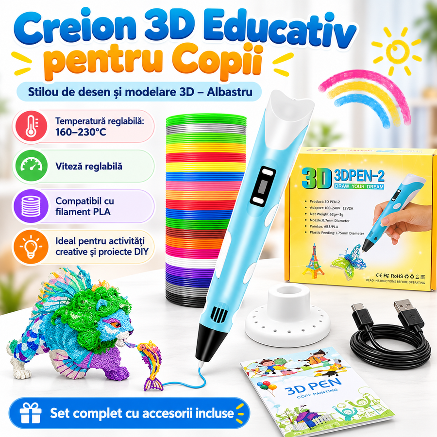 Creion 3D educativ pentru copii, albastru, cu filamente colorate