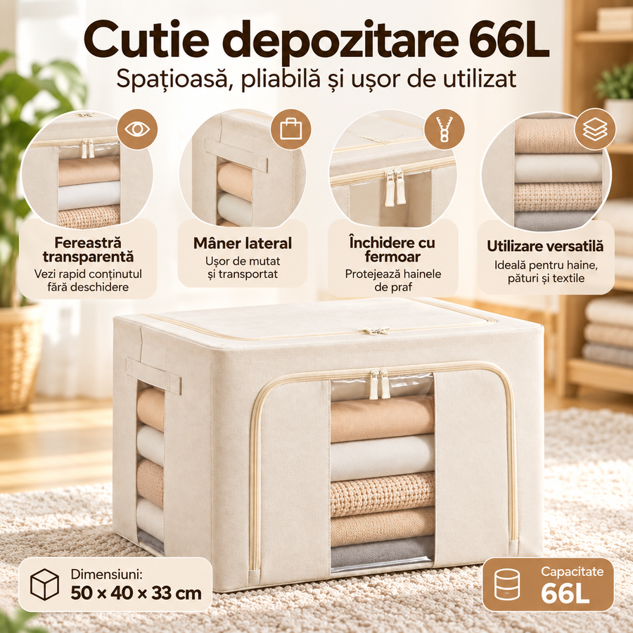 Cutii de depozitare 66L — fermoar, mâner și dimensiuni