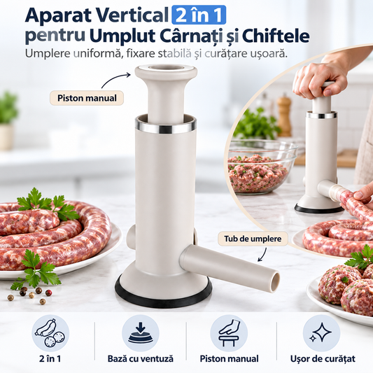 Aparat Vertical 2 în 1 pentru Umplut Cârnați și Chiftele – Piston Manual, Bază cu Ventuză, Plastic Alimentar Fără Miros, Ușor de Demontat și Curățat