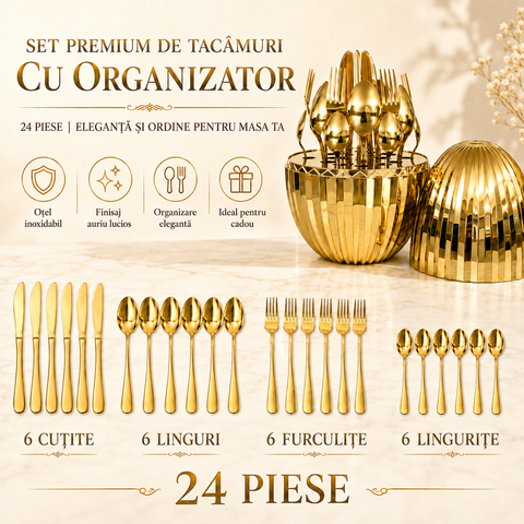 Set Premium de Tacâmuri Zâna Casei cu Organizator Sferic, 24 Piese, Oțel Inoxidabil, Finisaj Auriu Lucios, 6 Linguri, 6 Furculițe, 6 Cuțite și 6 Lingurițe ZanaCasei.Ro