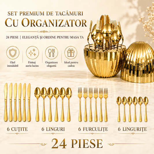 Set Premium de Tacâmuri Zâna Casei cu Organizator Sferic, 24 Piese, Oțel Inoxidabil, Finisaj Auriu Lucios, 6 Linguri, 6 Furculițe, 6 Cuțite și 6 Lingurițe ZanaCasei.Ro