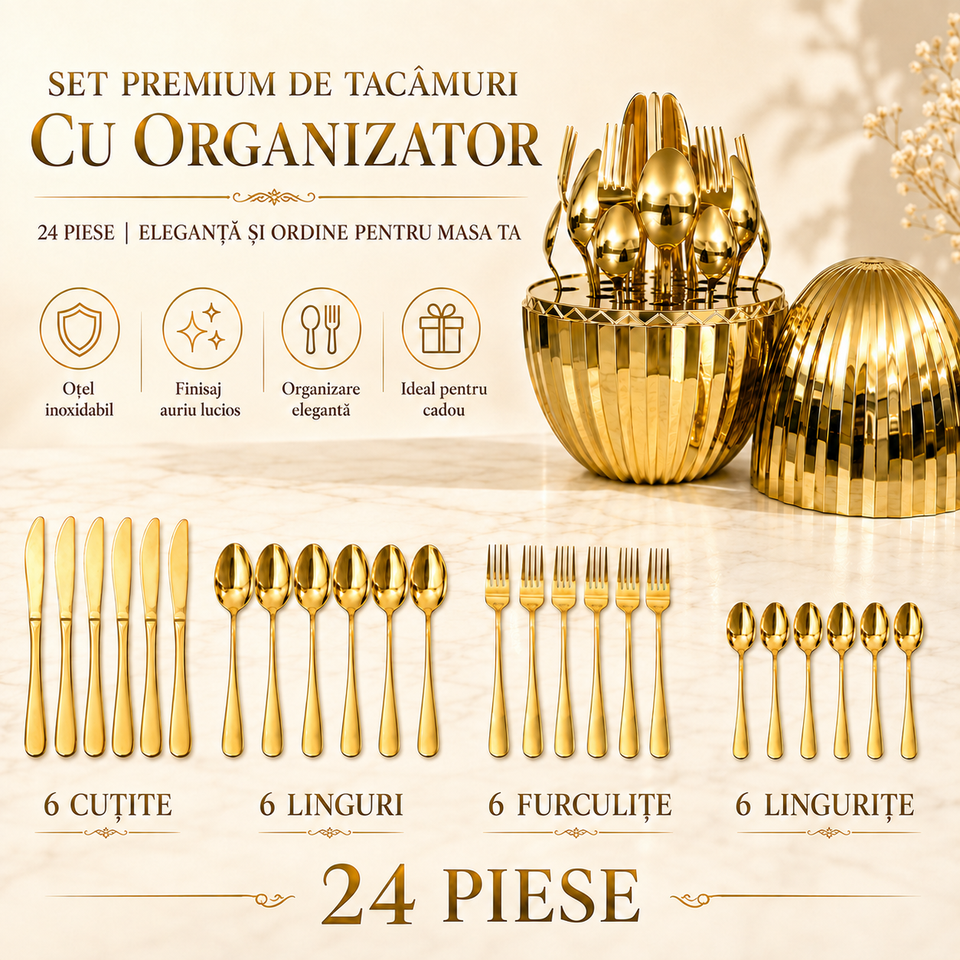 Set Premium de Tacâmuri Zâna Casei cu Organizator Sferic, 24 Piese, Oțel Inoxidabil, Finisaj Auriu Lucios, 6 Linguri, 6 Furculițe, 6 Cuțite și 6 Lingurițe