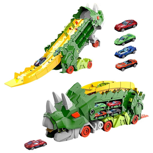 Set Multifunctional Dinozaur 2-in-1, Camion de Transport si Rampa de Lansare cu 2 Masinute MelekMag