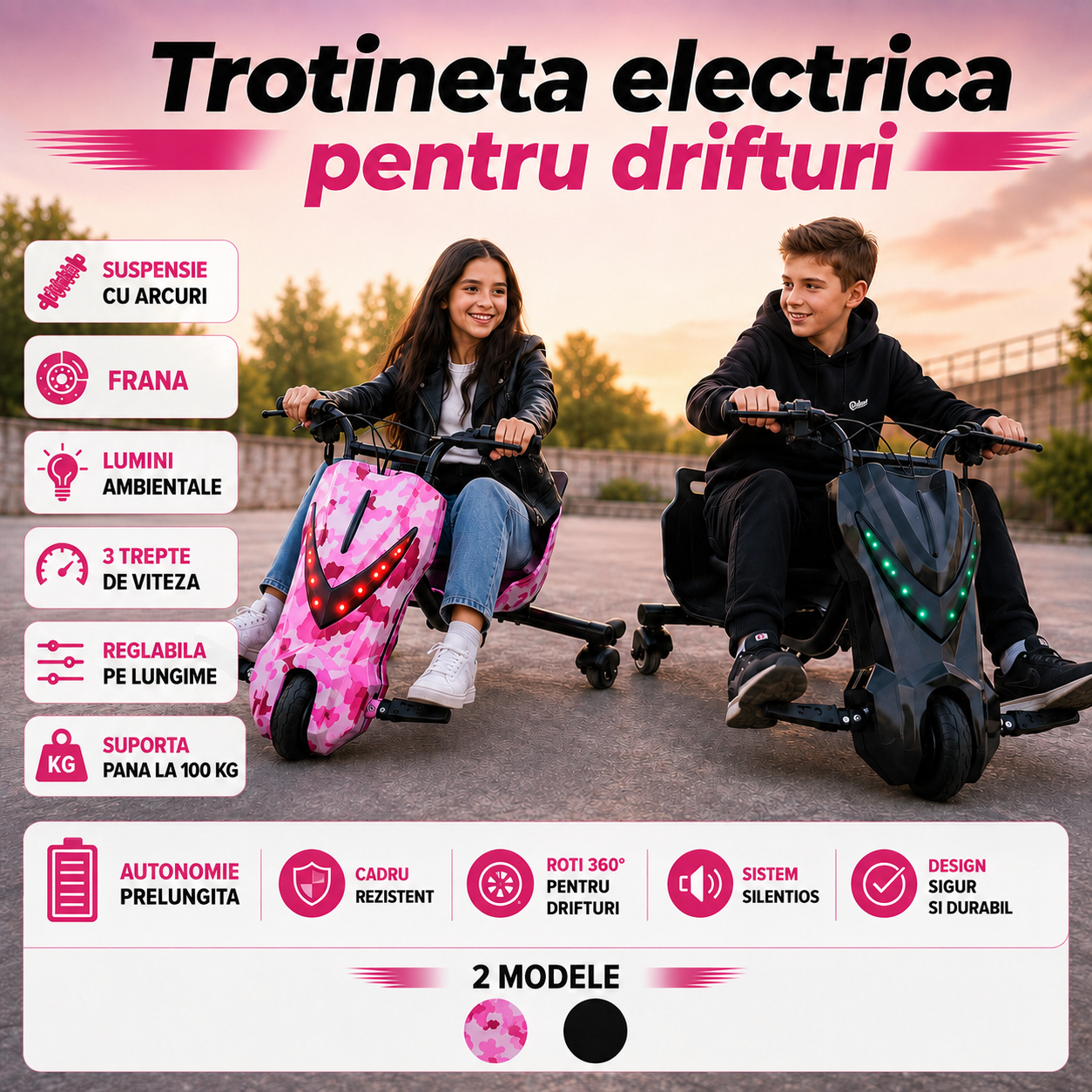 Tricicletă Electrică Copii Hello Kitty cu Drift 360° – 150W, 36V, Bluetooth + Difuzor, Lumini LED, 20 km/h ZanaCasei.Ro