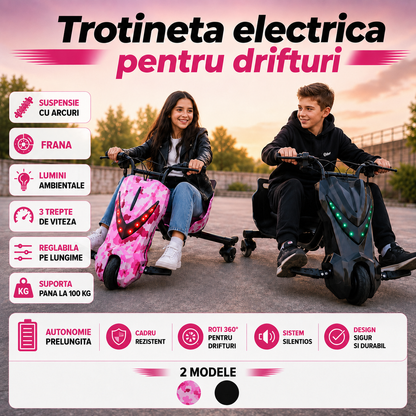 Tricicletă Electrică Copii Hello Kitty cu Drift 360° – 150W, 36V, Bluetooth + Difuzor, Lumini LED, 20 km/h ZanaCasei.Ro