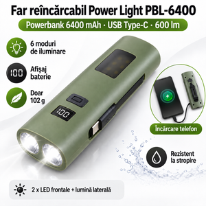 Far Reîncărcabil Power Light PBL-6400 – Lanternă LED 600 lm și Powerbank 6400 mAh, USB Type-C, 6 Moduri de Iluminare, Kaki