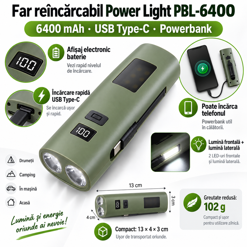 Far Reîncărcabil Power Light PBL-6400 – Lanternă LED 600 lm și Powerbank 6400 mAh, USB Type-C, 6 Moduri de Iluminare, Kaki — detalii
