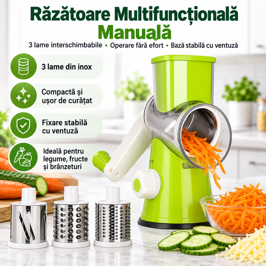 Răzătoare multifuncțională manuală — feliator rotativ cu 3 lame inox