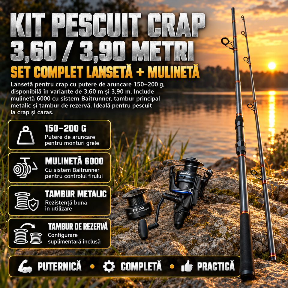 Kit Pescuit Crap 3,60 / 3,90 Metri, Lanseta cu Putere de Aruncare 150–200 g, Mulineta 6000 cu Baitrunner, Tambur Principal Metalic și Tambur de Rezervă – Set pentru Pescuit la Crap și Caras