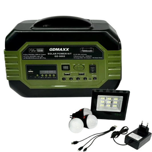 Kit Portabil Energie Solară GDLITE-9002 – 100W, Panou Solar, Boxă FM/MP3, Iluminare LED, Geantă de Depozitare Zâna Casei