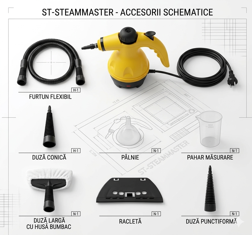 Kit Aparat de Curățare cu Abur 1200W – Igienizare Fără Chimicale, 3 Bari, Accesorii Incluse ZanaCasei.Ro