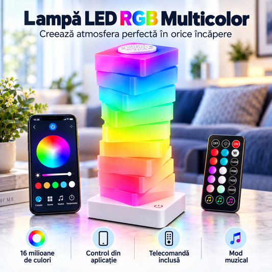Lampă LED RGB multicolor cu design spirală — control din aplicație, telecomandă, mod muzical