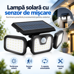 Lampă Solară de Exterior cu Senzor de Mișcare, 74 LED – 3 Capete Orientabile, Panou Solar, 3 Moduri de Iluminare, Montaj pe Perete sau în Pământ