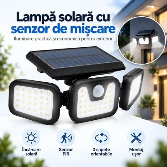 Lampă solară de exterior cu senzor de mișcare — 3 capete orientabile, panou solar