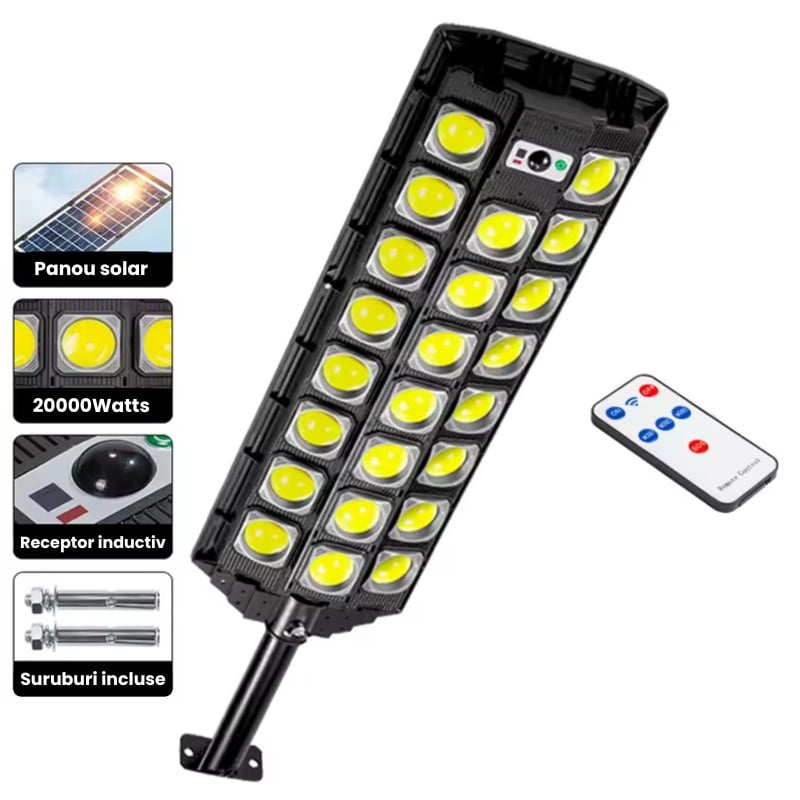 Lampă Solară Stradală cu 23 LED-uri COB, Senzor de Mișcare, Telecomandă și Protecție IP65 – Negru ZanaCasei.Ro