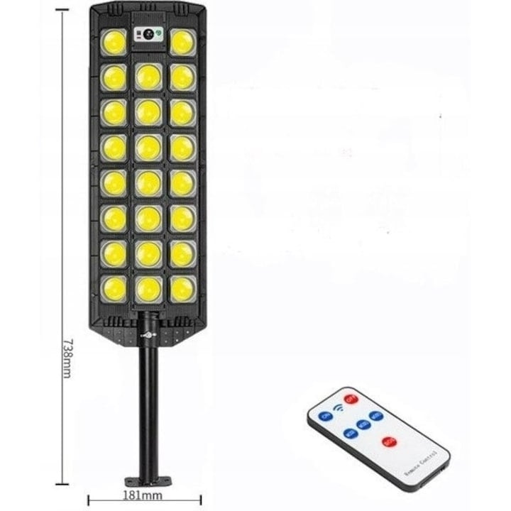 Lampă Solară Stradală cu 23 LED-uri COB, Senzor de Mișcare, Telecomandă și Protecție IP65 – Negru ZanaCasei.Ro