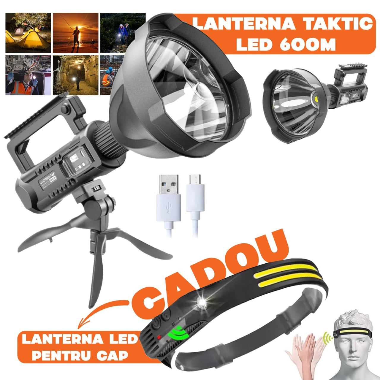 Lanternă Reîncărcabilă LED 31cm 4000lm + Powerbank USB + Trepied + Cadou Lanternă Cap Taktic.ro