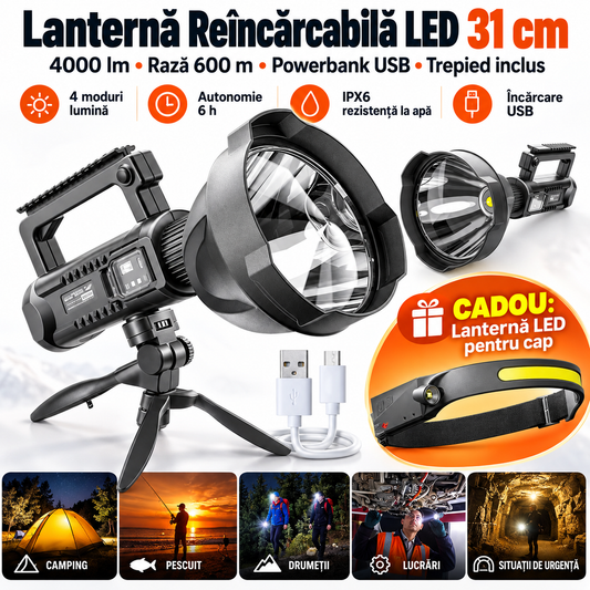 Lanternă reîncărcabilă LED 31 cm — 4000 lm, powerbank, trepied + cadou lanternă de cap