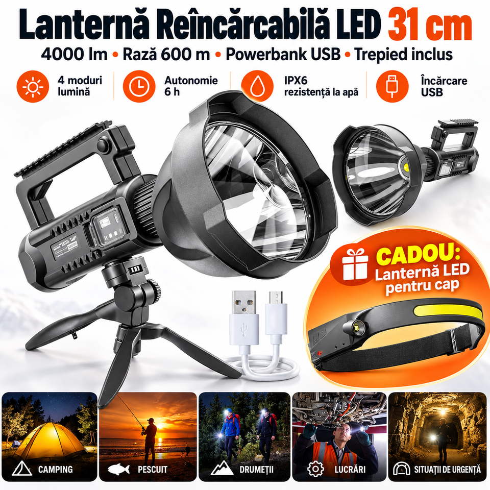 Lanternă Reîncărcabilă LED 31cm 4000lm + Powerbank USB + Trepied + Cadou Lanternă Cap — detalii