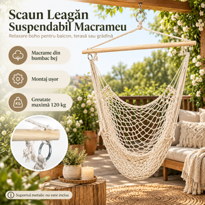 Scaun Leagăn Suspendabil din Macrameu – Ø100 cm, Spătar 120 cm, Bumbac Bej, Max. 120 kg, pentru Balcon, Terasă și Grădină