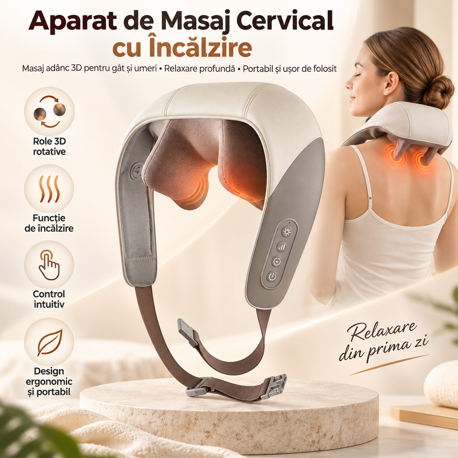 Aparat de Masaj Cervical cu Încălzire – Masaj Adânc cu Role 3D Rotative, Portabil, pentru Gât și Umeri
