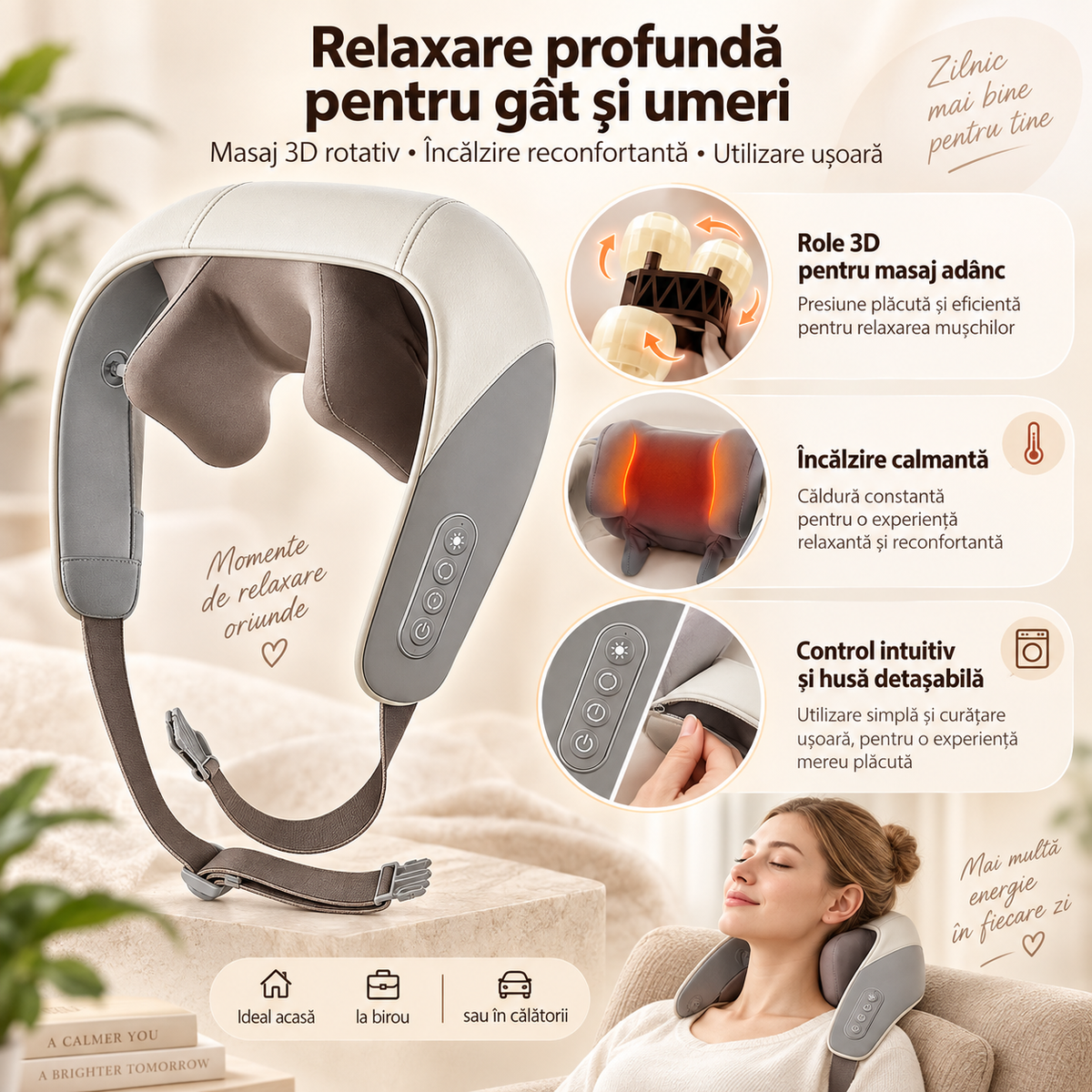 Aparat de Masaj Cervical cu Încălzire – Masaj Adânc cu Role 3D Rotative, Portabil, pentru Gât și Umeri — relaxare profundă pentru gât și umeri