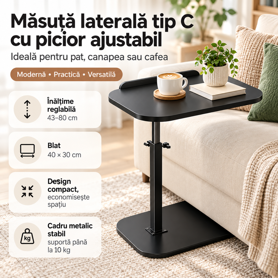 Măsuță laterală tip C – înălțime reglabilă, blat 40×30, cadru metalic