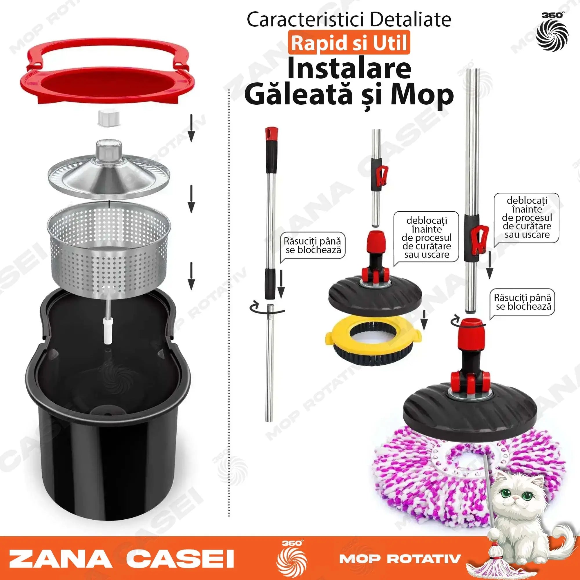 Mop Zâna Casei cu 4 Rezerve + Perie, Cuva de inox, Coada 146 cm Zanacasei
