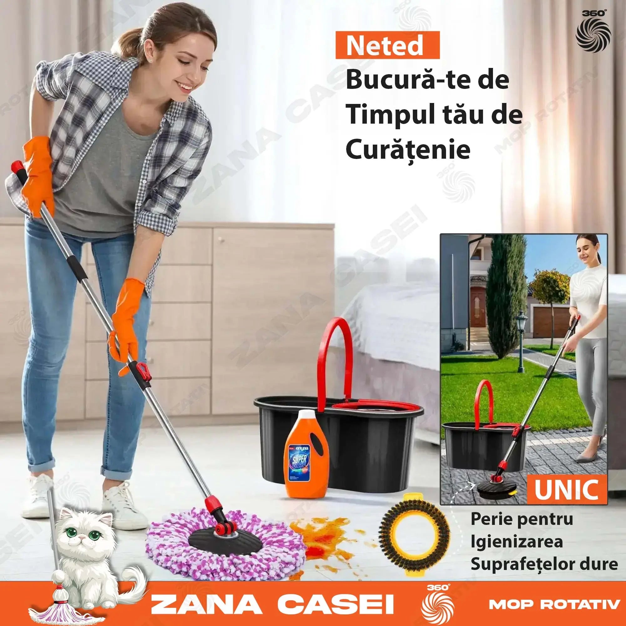 Mop Zâna Casei cu 4 Rezerve + Perie, Cuva de inox, Coada 146 cm Zanacasei
