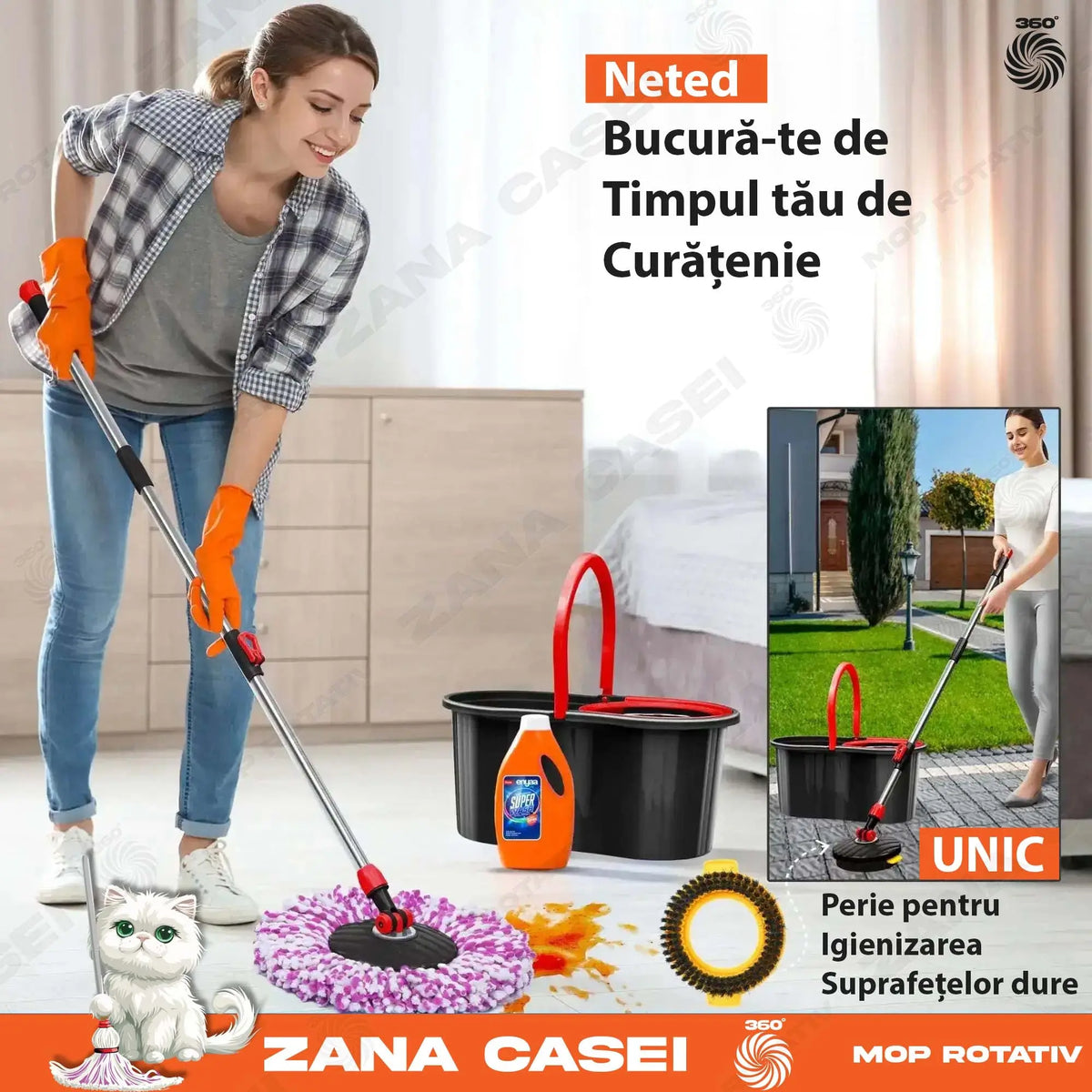 Mop Zâna Casei cu 4 Rezerve + Perie, Cuva de inox, Coada 146 cm Zanacasei
