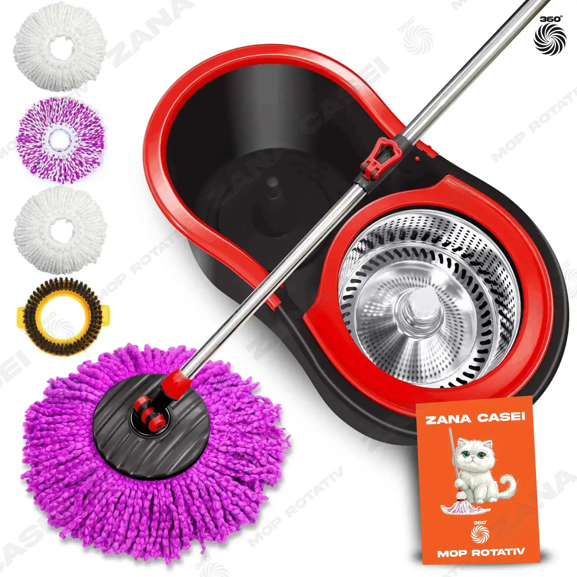Mop Zâna Casei cu 4 Rezerve + Perie, Cuva de inox, Coada 146 cm Zanacasei
