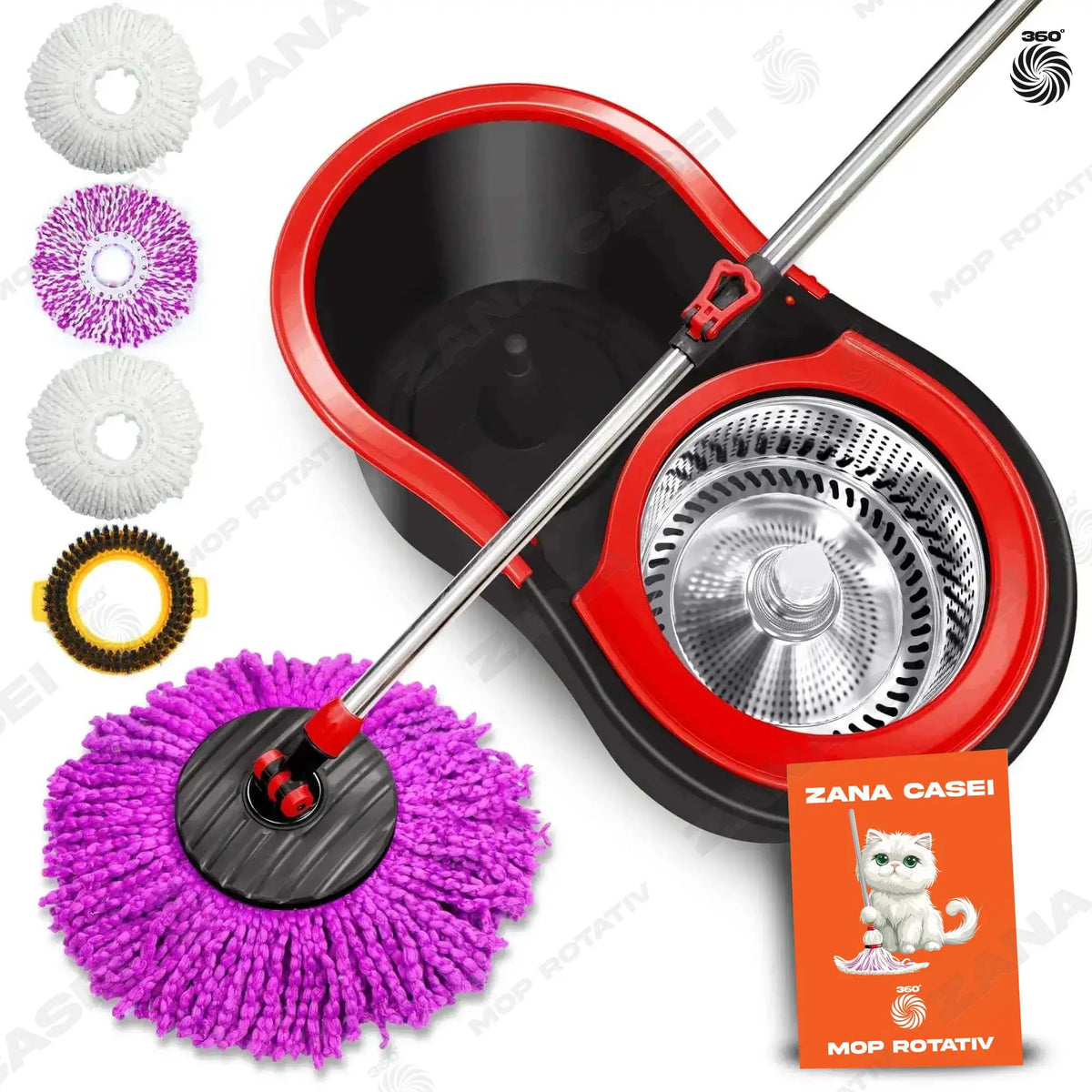 Mop Zâna Casei cu 4 Rezerve + Perie, Cuva de inox, Coada 146 cm Zanacasei