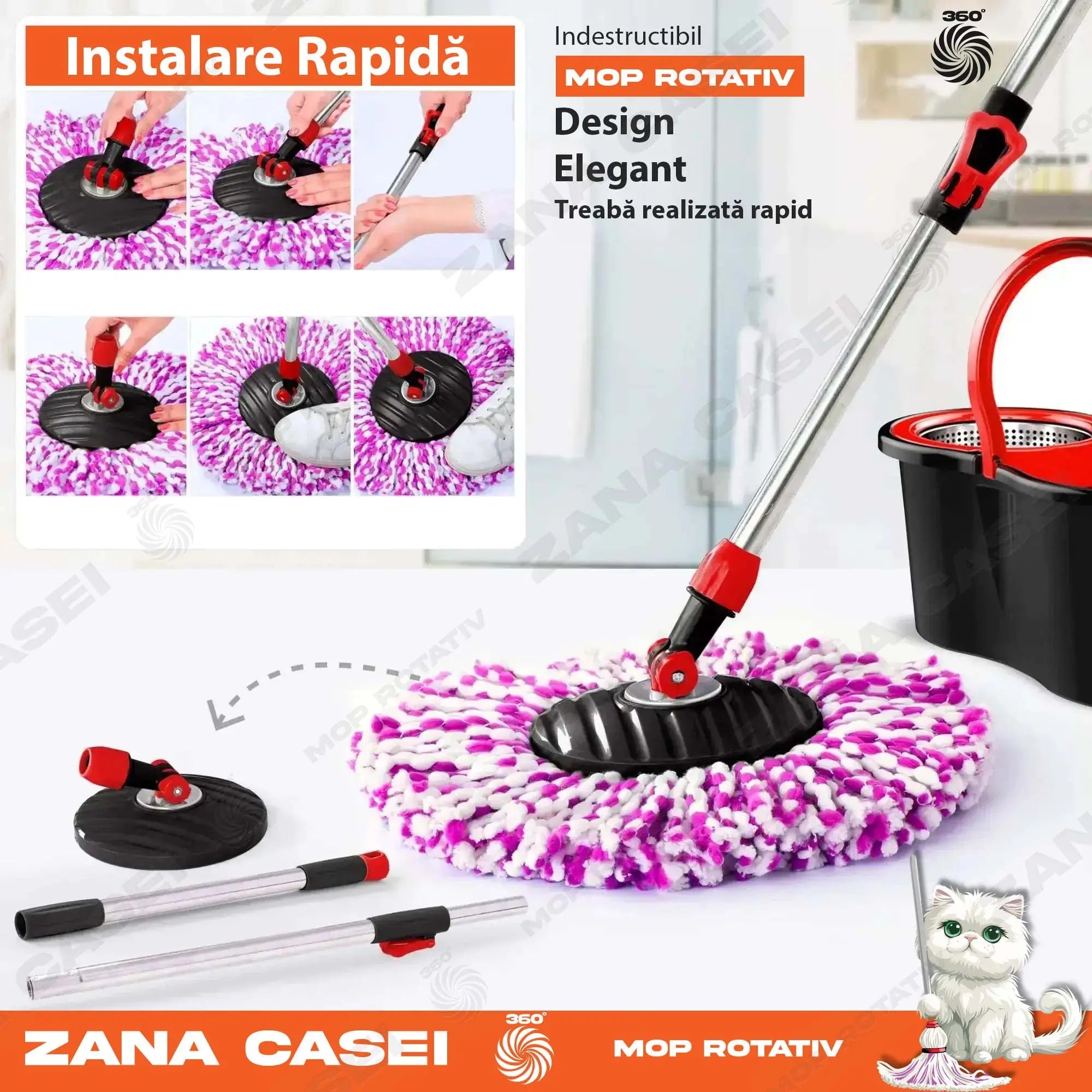 Mop Zâna Casei cu 4 Rezerve + Perie, Cuva de inox, Coada 146 cm Zanacasei