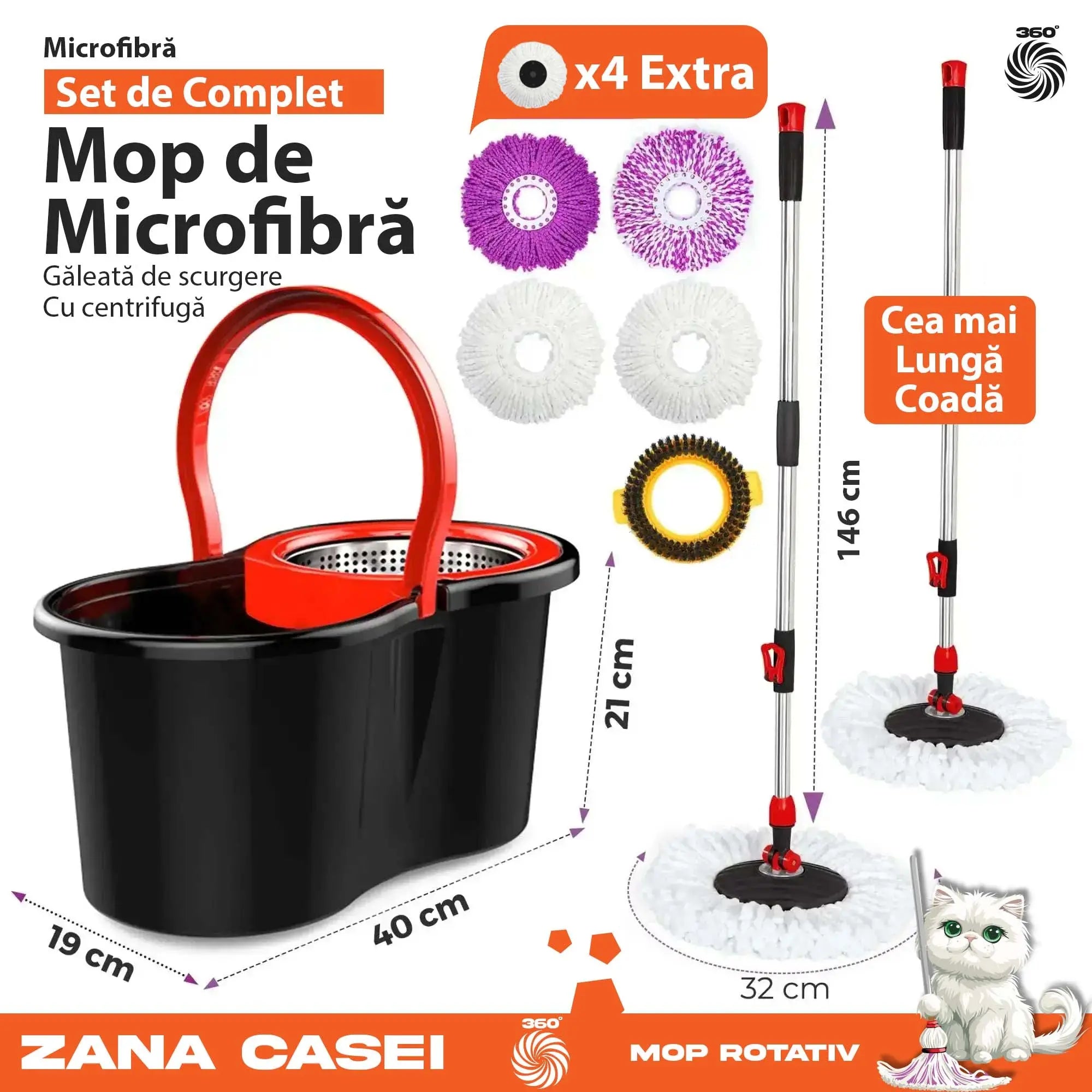 Mop Zâna Casei cu 4 Rezerve + Perie, Cuva de inox, Coada 146 cm Zanacasei