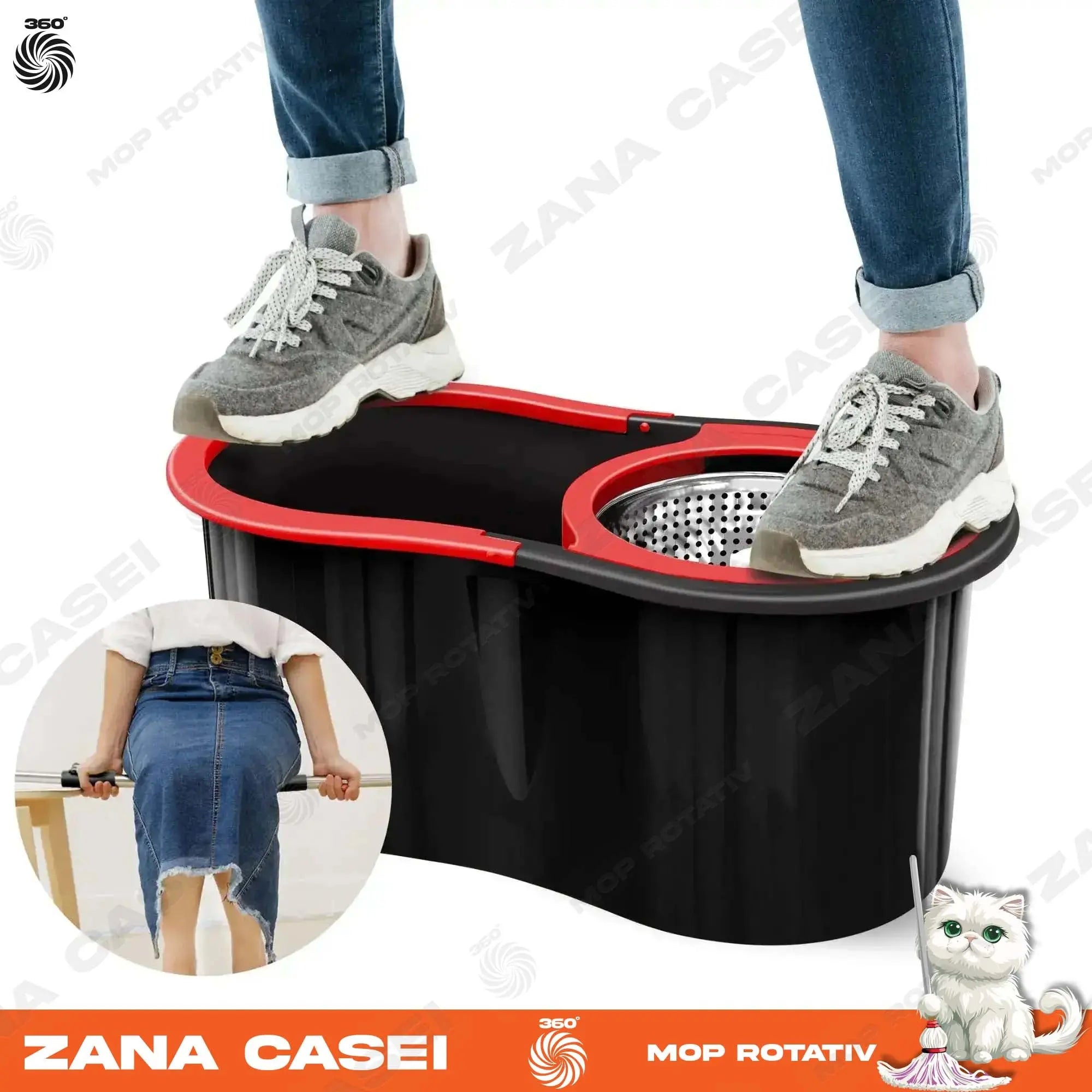 Mop Zâna Casei cu 4 Rezerve + Perie, Cuva de inox, Coada 146 cm Zanacasei