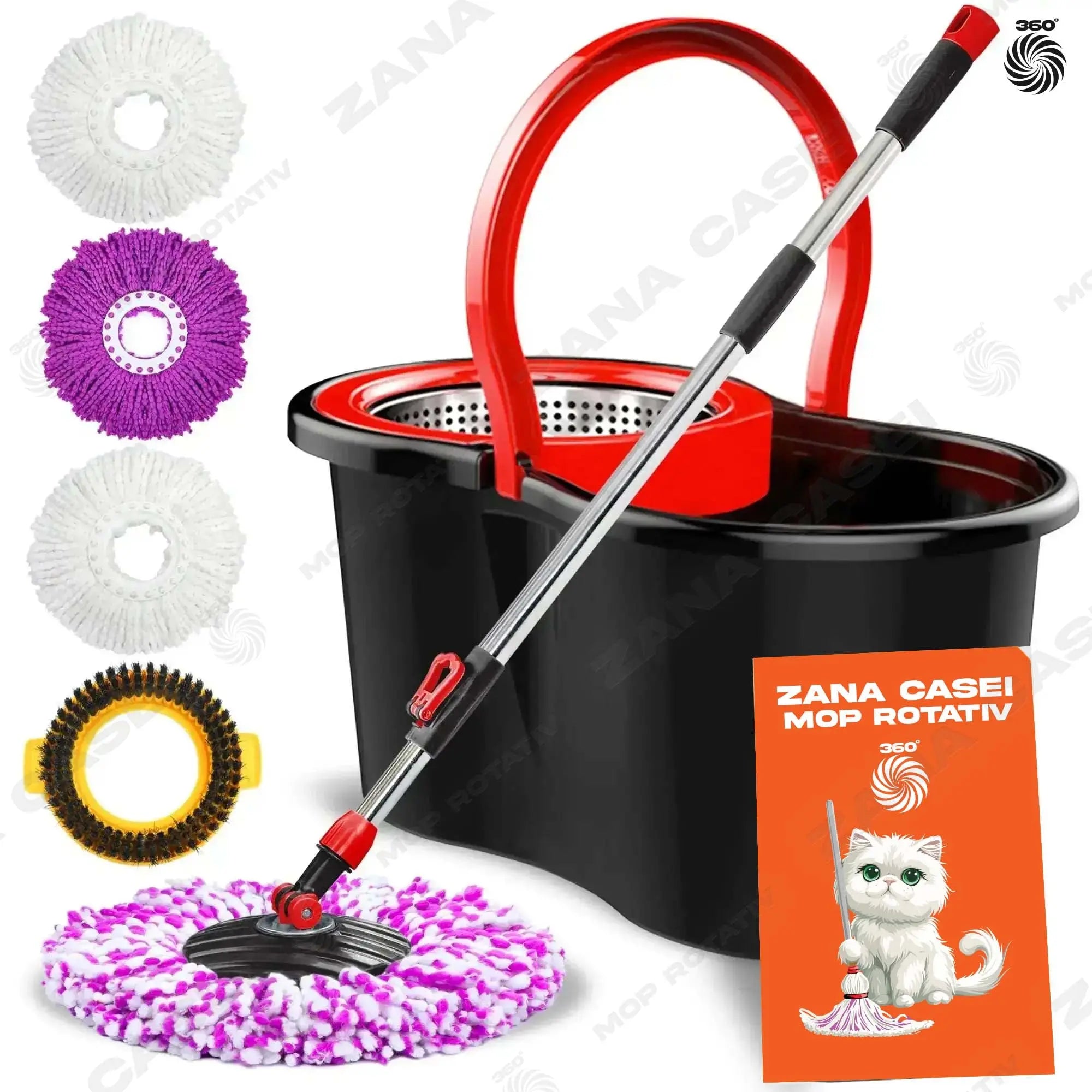 Mop Zâna Casei cu 4 Rezerve + Perie, Cuva de inox, Coada 146 cm Zanacasei