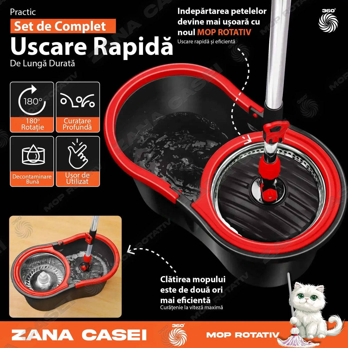 Mop Zâna Casei cu 4 Rezerve + Perie, Cuva de inox, Coada 146 cm Zanacasei