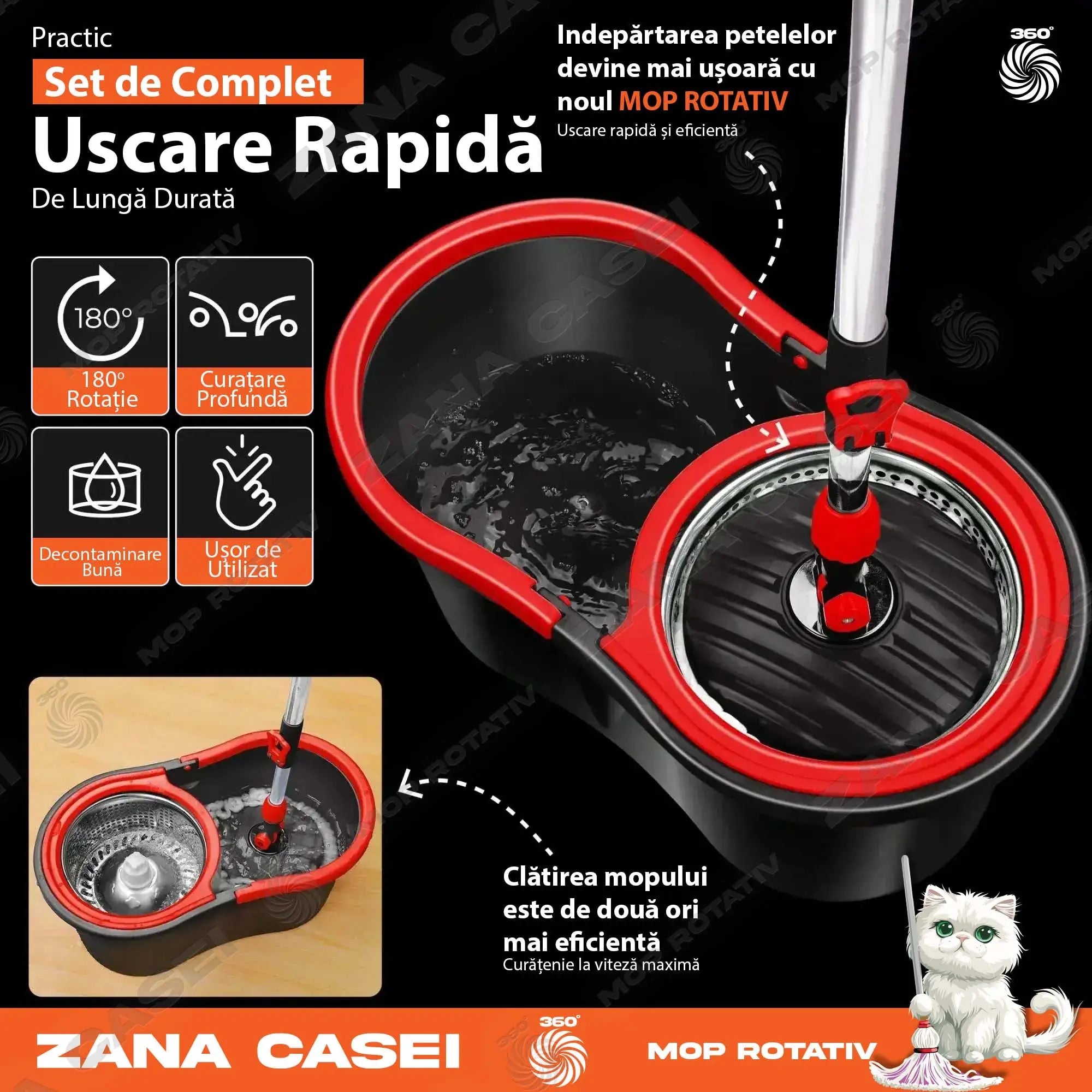 Mop Zâna Casei cu 4 Rezerve + Perie, Cuva de inox, Coada 146 cm Zanacasei